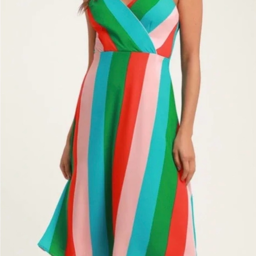 Lulus Vivacious Veronica Green Multi-Striped Midi Dress